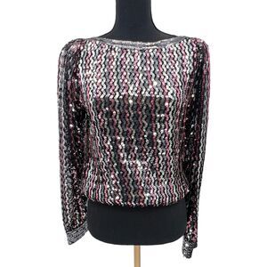 Vintage Marshall Rousso Pink Silver All Over Sequin Striped Blouse Medium